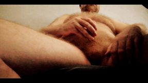 Hairy Bear sat wanking until I blow my load and then rub it all into my furry pecs and belly...