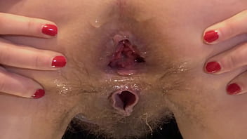 Gaping ass. Huge dildo fucks my anal by the mirror.