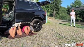 NastyClub - Naughty Vixi Rafi and MitzX get their engine fixed in outdoor threesome