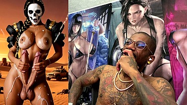 Mad Max Double Transgender Cock Babe Jerks Off And Cums From Both Of Her Hard Trans Cocks, AI Generated