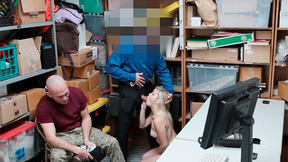 Tiny boobs blonde burglar banged by an officer in front of Boyfriend