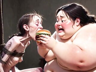 Slim Beauty Getting Fed by Giant Bulky Woman - Contrast Feeding Fetish