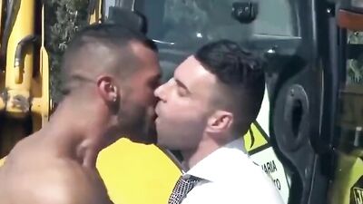 Muscled workers are fucking one another in the ass during a lunch break