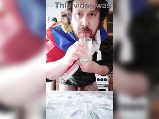 Big Russian dong cums during masturbation! Fresh cum in the mouth and on the face of this hungry homo man