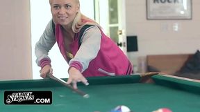 Blonde babe swallows cock on the pool table