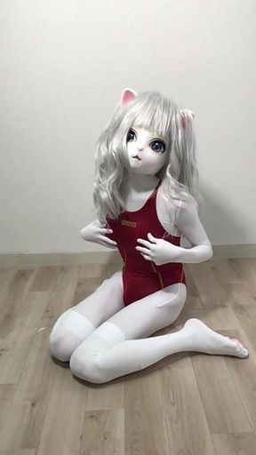 Kigurumi crossdresser cat jerk off in arena swimsuit