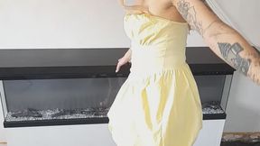 Giantess goddess Charlie Caroline Crushes a 60s Ford Thunderbird in gold strappy heels with painted toenails full body view plus added clean up and box of broken cars crush.