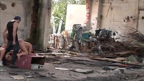 Two Horny Euro Lesbians Get Ass Fucjed By Two Studs In Abandoned Building