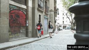 ”Brunette cutie April spanks herself with paddle & rubs that muff”