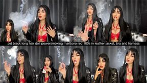 Jet black long hair smoking doll in black leather jacket, red plump glossy lips, red leather bra and harness powersmoking Marlboro Red 100s!