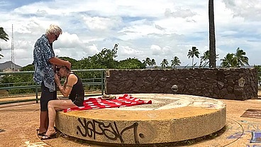 We found this round bench at the top of a hill in a park and decided to fuck on it