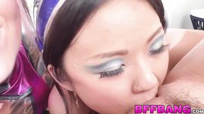 BFFs Lulu Chu & two more gals endure getting railed by a mature dude