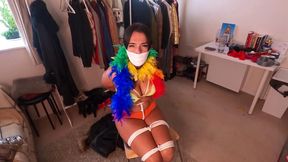 Latina bound tight and gagged with different gags! While wearing feather boa and different fur parkas!