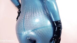 Luxury Rubber Latex Catsuit on Curvy Body of cougar Bdsm Star Arya