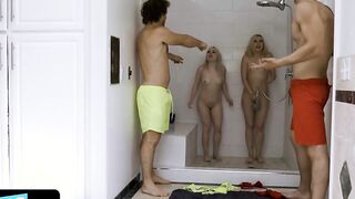 Super Sexy 19 Yo Chick Having Fun Soak Into The Shower And Ask Their Huge Step Brothers To Join Them