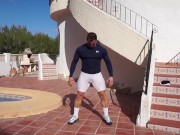 working out in very see through white spandex