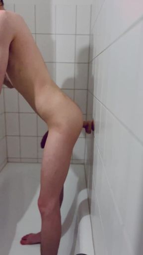 Shy Smooth Twink training hole with dildo in shower