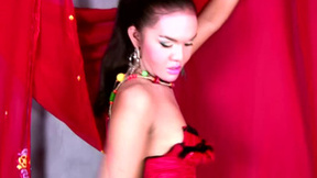 Ladyboy in red lingerie performs striptease & masturbation