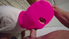 Homemade POV: Mysterious Girl in Pink Ski Mask Sucks Huge Dick