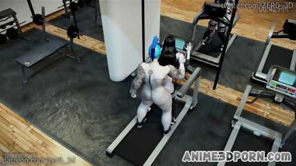 Two shemales bang brunette in a gym threesome