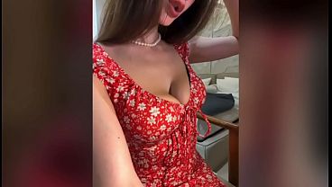 Stepmom with big tits wears a red dress