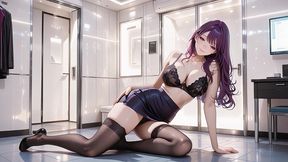 ai generated – so naughty! purple shiny mini skirt & black stockings passionate sex in spaceship