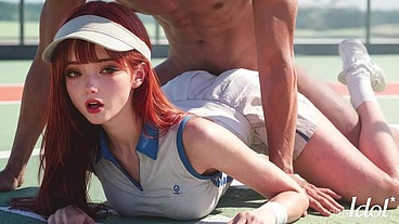 An 18-year-old redheaded tennis player from Korea was fucked by a football team!! [AI]