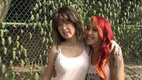 Redhead asian babe enjoy lesbo sex on teenis court