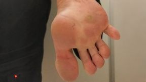 Extremely Dirty Work Feet in Toilet Stall – Sweaty Socks Peeled Off, Filthy Soles Close-Up POV
