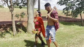 Little Red Riding Hood, the Naughty Girl, Meets a Horny Lumberjack and Shows off Her Pussy in the Middle of the Road.