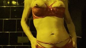 fetish club toilet bj and fuck with gas mask guy in red PVC BOOTS AND LINGERIE COF