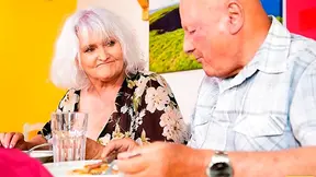 Older lady with massive tits fucks young waiter while her husband watches the whole damn thing