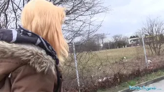 Shy redhead teen bends over for a big cock outdoors