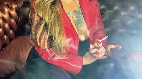 Smoking for his stepson in a red leather jacket, blue leather pants, and high heels - Marlboro Red