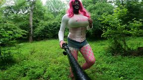 Gaint Fake Tits Jon Scarecrow Having a Walk in the Woods in Daisy Dukes and a Tight Top While Masturbating