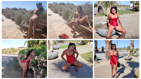 Walking in the city in a dress and high heels, I take off my clothes and pour oil on my body, and masturbate in public.