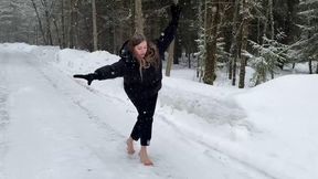 Clear flip flops on ice, slippery high heels, sliding on ice, girl on ice, walking on ice, flip flops on ice