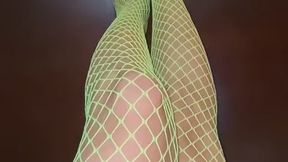 Sexy Asian Tiny Feet with Long Toes in Green Fishnet