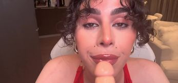 Cute Curly Haired Trans Girl tries her best to Deepthroat