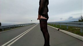 Outdoor crossdresser on public street - lingerie & heels