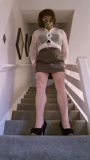 Cross Dressing Sexy Secretary Cums In Tan Stockings &amp; Short Skirt