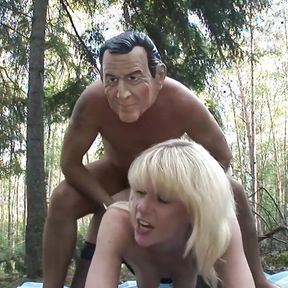 Fucking in woods with her masked friend