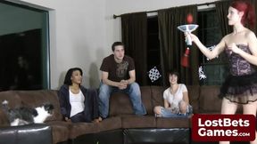 Three fiery sirens passionately seduce a lucky guy in fiery strip poker showdown