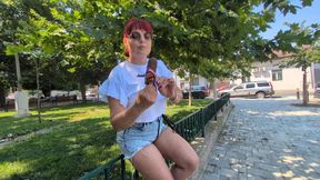 Outdoor ordinary day with my slave Faith - food humiliation