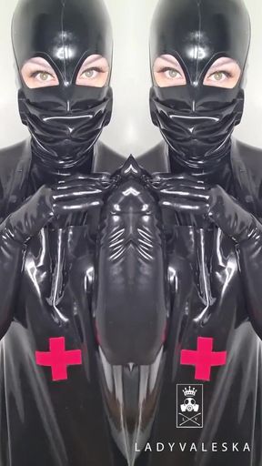 Cum eating for Lady Valeska's rubber clinic