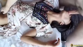 Asian girl with bush gets fucked in missionary and doggystyle by her boyfriend
