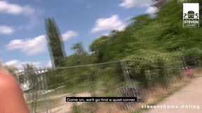 Julia Pink's Public Threesome: Two Guys Share a Blonde MILF with Cumshots!