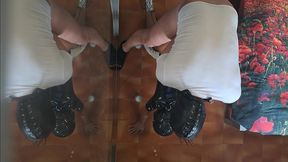 milf in sexy clothes, stockings and high heels fucked in the mouth and doggy style with repeated orgasms