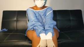 Horny Latina nurse in glasses wanks her stiff cock