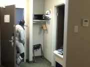 at hotel window and door I cum wearing bastard wetsuit, silicone hood